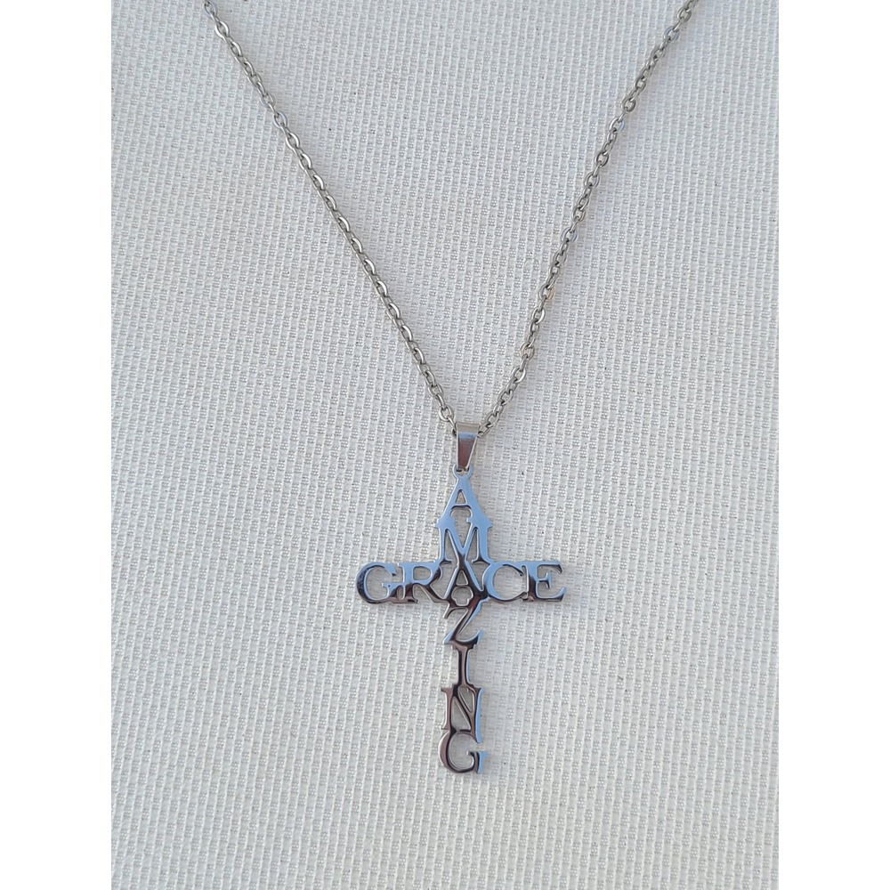 Stainless Steel Amazing Grace Cross Necklace 18-20"